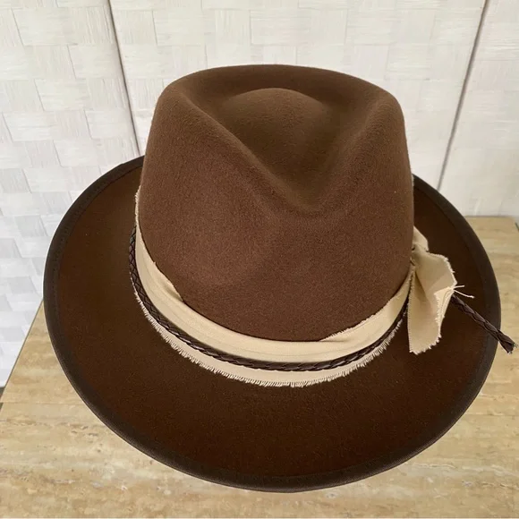 Men Women Hat Large Brown Fedora Felt Trilby Jazz Gatsby Panama Cap - Picture 8 of 10